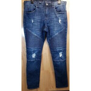 Decoy Men's 34 Dark Wash Moto Biker Jeans Distressed Ripped Stretch Denim